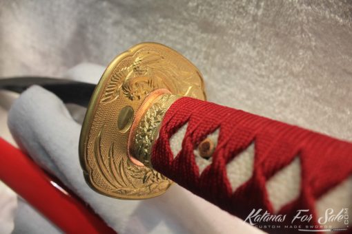 T10 Clay Tempered Carbon Steel Red Katana With Brass Fittings - Image 10