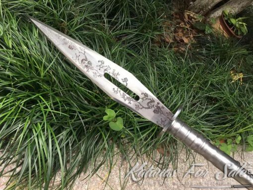 1060 Carbon Steel Long Spear with Beautiful Flower Engraving - Image 7