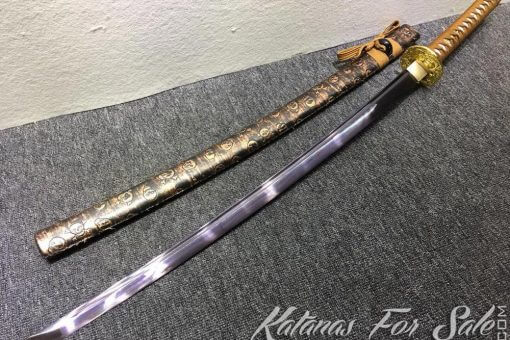 1095 Folded Steel Katana with Purple Blade and Synthetic Leather Skull Pattern Saya