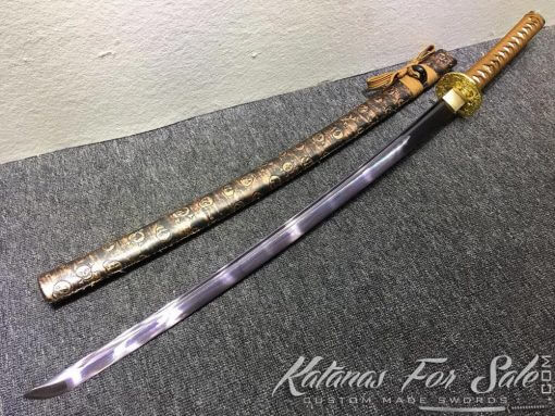 1095 Folded Steel Katana with Purple Blade and Synthetic Leather Skull Pattern Saya