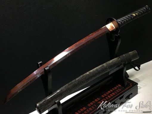 Japanese Wakizashi T10 Folded Clay Tempered Steel with Red Blade & Hadori Polish - Image 3