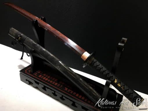 Japanese Wakizashi T10 Folded Clay Tempered Steel with Red Blade & Hadori Polish - Image 8