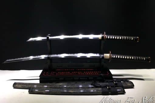 Duo Katana and Wakizashi Sword Set T10 Folded Clay Tempered Steel with Hadori Polish