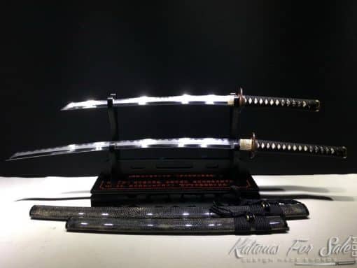 Duo Katana and Wakizashi Sword Set T10 Folded Clay Tempered Steel with Hadori Polish