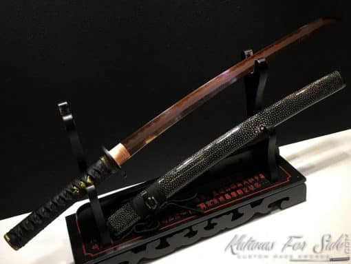 Japanese Wakizashi T10 Folded Clay Tempered Steel with Red Blade & Hadori Polish - Image 10