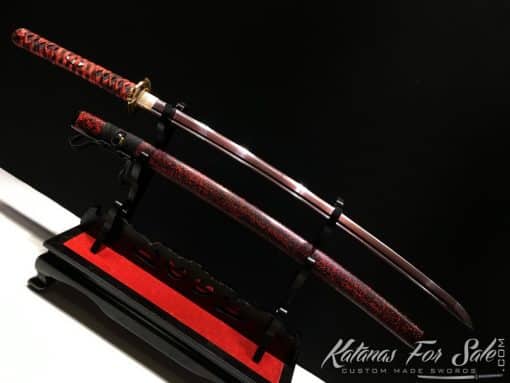 Hand Crafted Katana 1095 Folded Steel with Red Acid Dye - Image 3