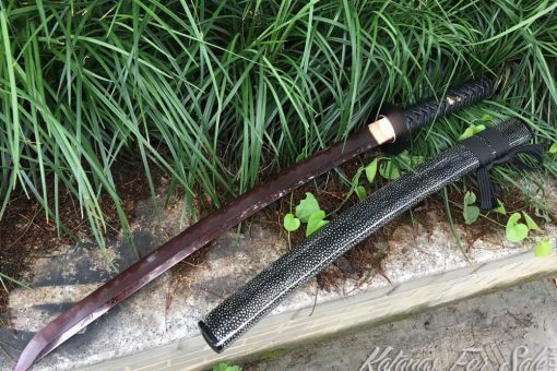 Japanese Wakizashi T10 Folded Clay Tempered Steel with Red Blade & Hadori Polish