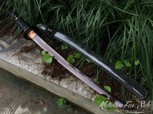 Japanese Wakizashi T10 Folded Clay Tempered Steel with Red Blade & Hadori Polish - Image 12