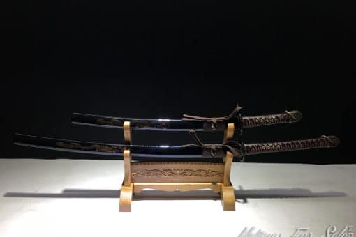 Katana & Wakizashi Sword Set T10 Folded Clay Tempered Steel with Hadori Polish & Red Acid Dye