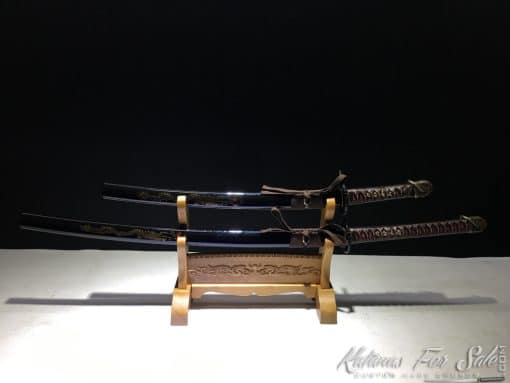 Katana & Wakizashi Sword Set T10 Folded Clay Tempered Steel with Hadori Polish & Red Acid Dye