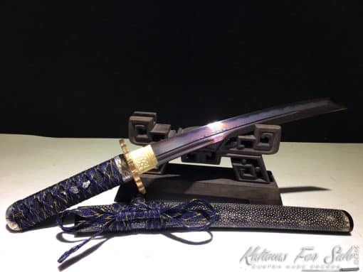 Japanese Tanto T10 Folded Clay Tempered Steel with Hadori Polish, Purple Acid Dye and Kiriha Zukuri Kissaki - Image 6