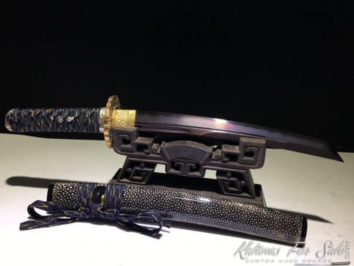 Japanese Tanto T10 Folded Clay Tempered Steel with Hadori Polish, Purple Acid Dye and Kiriha Zukuri Kissaki - Image 8