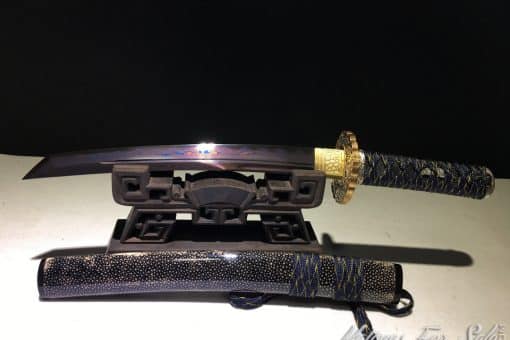 Japanese Tanto T10 Folded Clay Tempered Steel with Hadori Polish, Purple Acid Dye and Kiriha Zukuri Kissaki