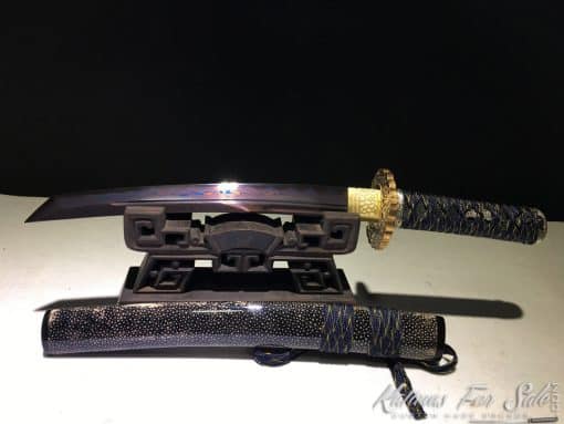 Japanese Tanto T10 Folded Clay Tempered Steel with Hadori Polish, Purple Acid Dye and Kiriha Zukuri Kissaki