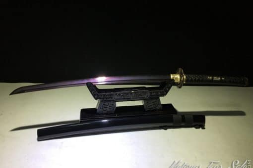 Hand Made Wakizashi Sword T10 Folded Clay Tempered Steel with Hadori Polish & Purple Acid Dye