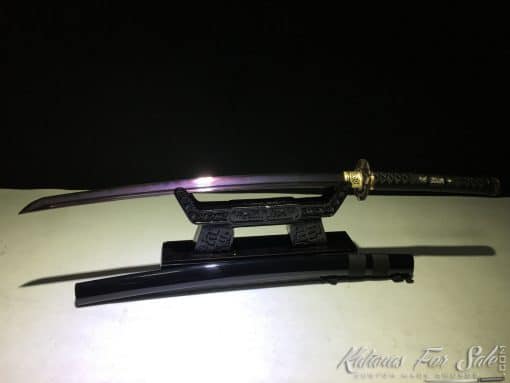 Hand Made Wakizashi Sword T10 Folded Clay Tempered Steel with Hadori Polish & Purple Acid Dye
