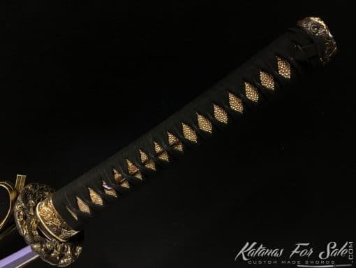 Fully Functional Katana T10 Clay Tempered Steel with Gold Acid Dye Straight Hamon and Kiriha Zukuri Kissaki - Image 8