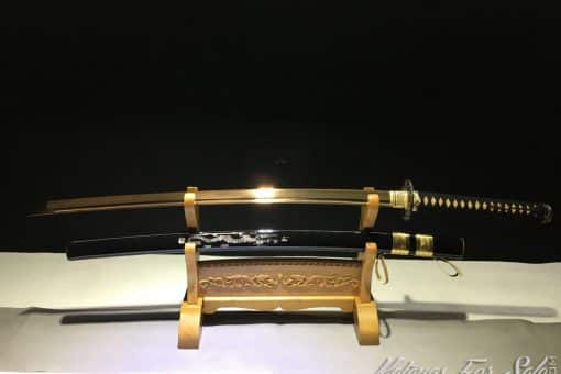 Fully Functional Katana T10 Clay Tempered Steel with Gold Acid Dye Straight Hamon and Kiriha Zukuri Kissaki