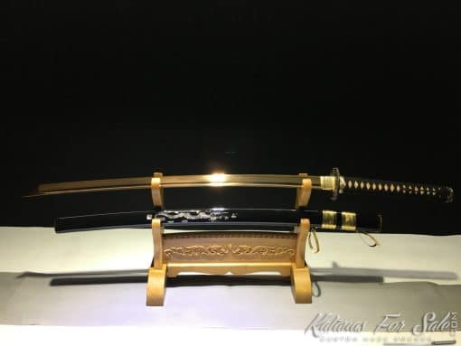 Fully Functional Katana T10 Clay Tempered Steel with Gold Acid Dye Straight Hamon and Kiriha Zukuri Kissaki