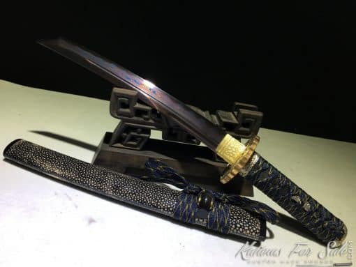 Japanese Tanto T10 Folded Clay Tempered Steel with Hadori Polish, Purple Acid Dye and Kiriha Zukuri Kissaki - Image 4