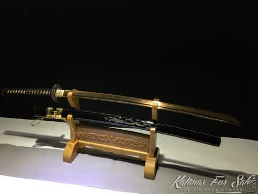 Fully Functional Katana T10 Clay Tempered Steel with Gold Acid Dye Straight Hamon and Kiriha Zukuri Kissaki - Image 6