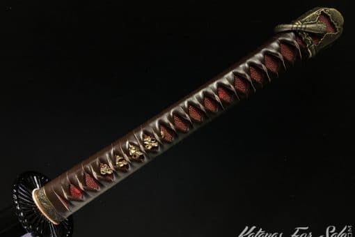 Samurai Katana and Wakizashi Handmade Sword Set with Dark brown Leather Ito Wrap with Burgundy Samegawa