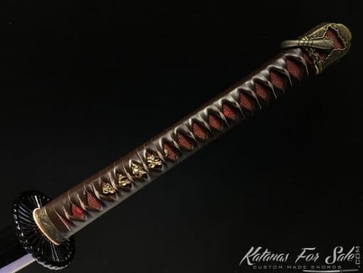 Samurai Katana and Wakizashi Handmade Sword Set with Dark brown Leather Ito Wrap with Burgundy Samegawa
