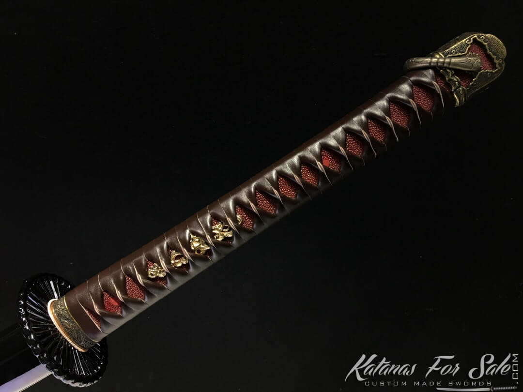 Samurai Katana and Wakizashi Handmade Sword Set with Dark brown Leather Ito Wrap with Burgundy Samegawa