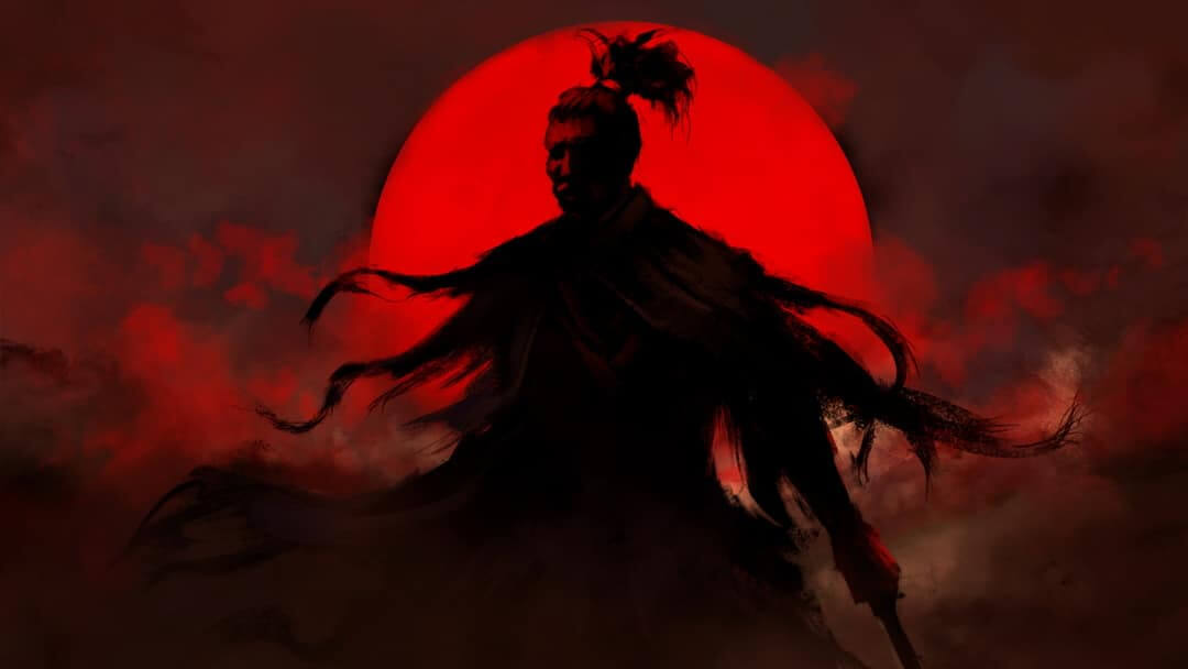 A black samurai with a katana and tattered clothes stands in the