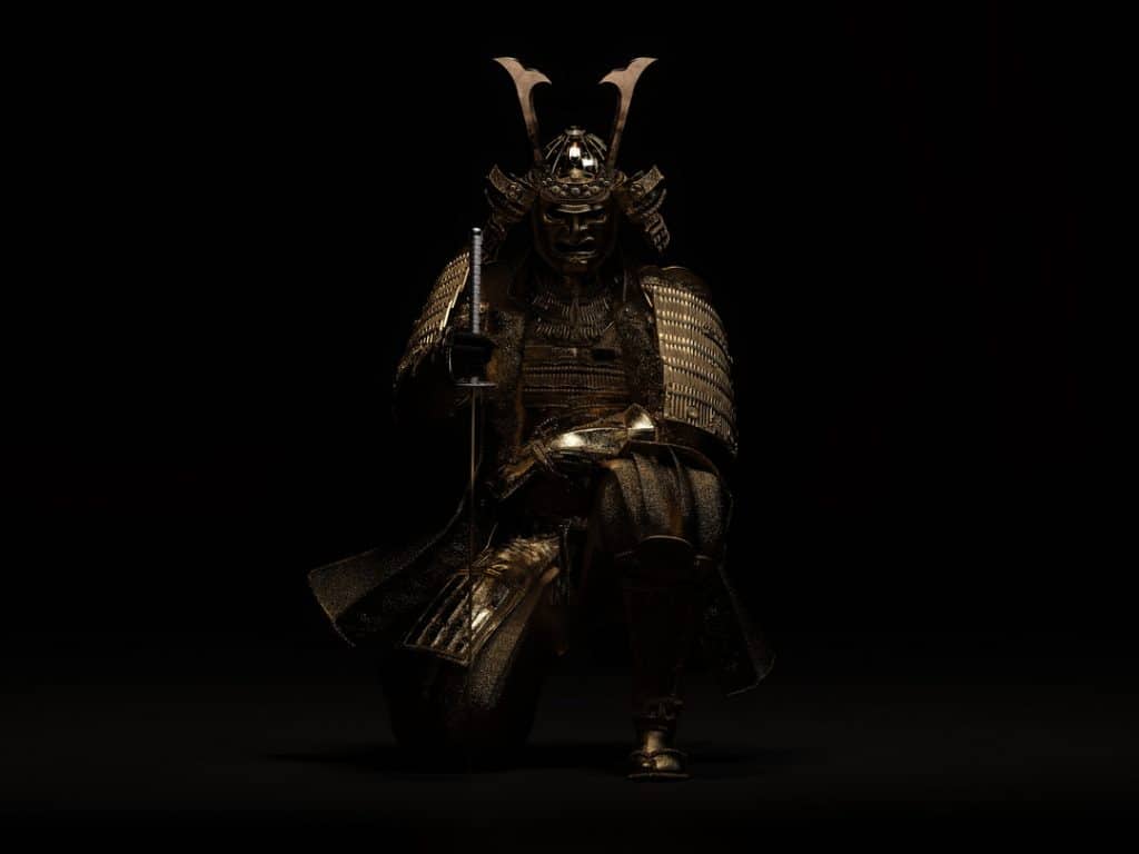 Samurai-Sits-On-One-Knee-Wearing-Golden-Armor-And-Holding-1045-Carbon-Steel-Katana