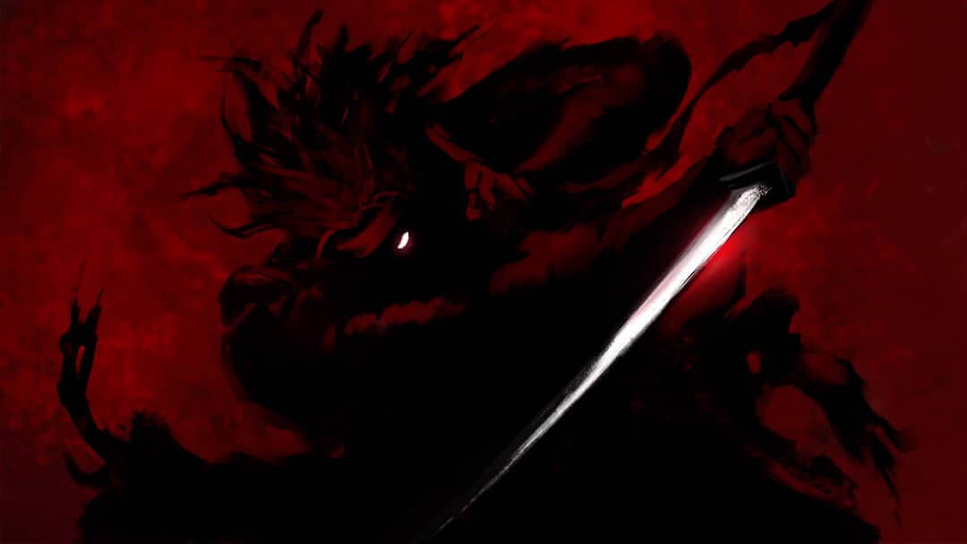 Japanese samurai in torn clothes, in his hand he has a katana, b