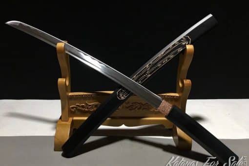 Shirasaya Wakizashi 1060 Carbon Steel with Matt Black Hardwood Saya and Hand Engraved Bamboo Tree