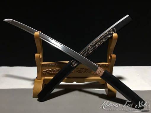 Shirasaya Wakizashi 1060 Carbon Steel with Matt Black Hardwood Saya and Hand Engraved Bamboo Tree