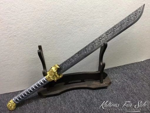 Dao Blades 1060 Carbon Steel with Engraved Flowers Pattern and Synthetic Leather Saya with Shoulder Strap - Image 2