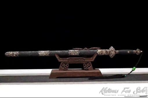 Jian Sword T10 Folded Steel with Feather Grain Pattern and Full Ray Skin Scabbard With Copper Fittings - Image 3