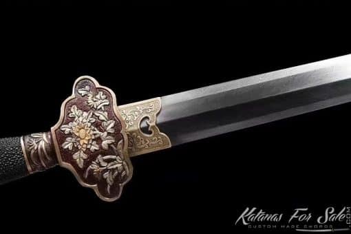 Jian Sword T10 Folded Steel with Feather Grain Pattern and Full Ray Skin Scabbard With Copper Fittings - Image 4