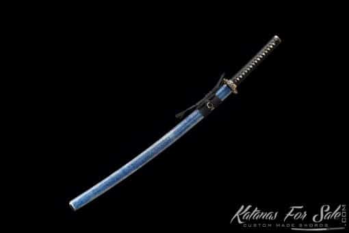 Katana T10 Folded Clay Tempered Steel with Hadori Polish and Full Blue Ray Skin Saya With Buffalo Horn Fittings - Image 3