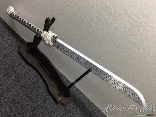 Dao Blades 1060 Carbon Steel with Engraved Flowers Pattern and Synthetic Leather Saya with Shoulder Strap - Image 5