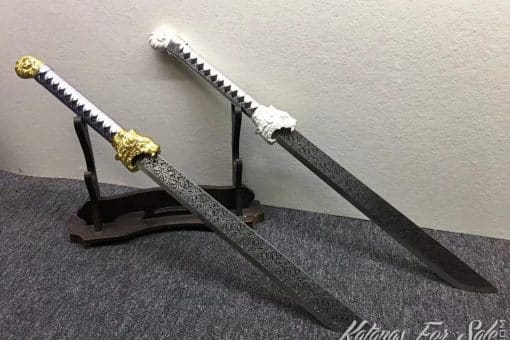 Dao Blades 1060 Carbon Steel with Engraved Flowers Pattern and Synthetic Leather Saya with Shoulder Strap