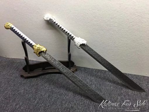 Dao Blades 1060 Carbon Steel with Engraved Flowers Pattern and Synthetic Leather Saya with Shoulder Strap