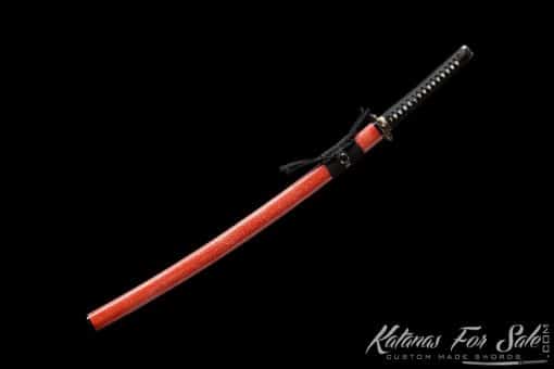 Katana T10 Folded Clay Tempered Steel with Hadori Polish and Full Red Ray Skin Saya With Buffalo Horn Fittings - Image 3