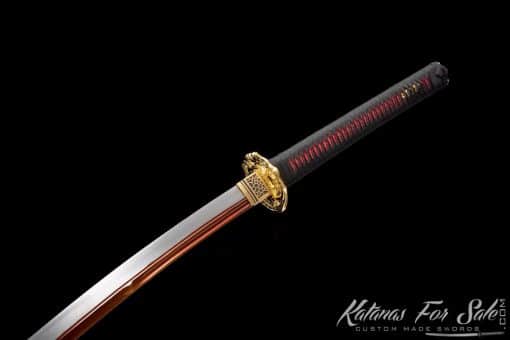Nagamaki Blade 9260 Spring Steel with Red Acid Dye and Gloss Black Hardwood Saya - Image 4