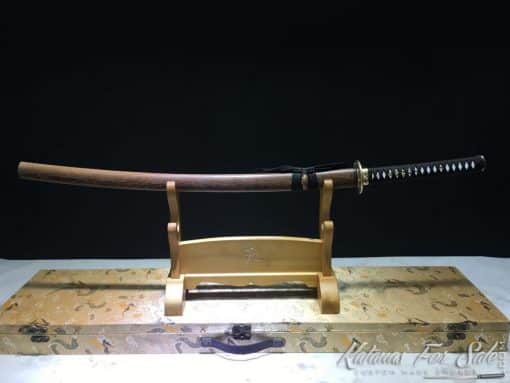 Katana T10 Folded Clay Tempered Steel with Rosewood Saya and Buffalo Horn Fittings - Image 7