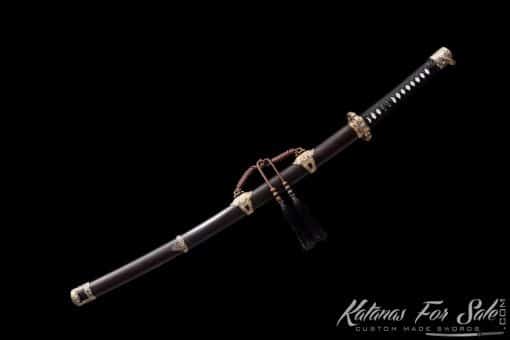 Tachi Sword T10 Folded Clay Tempered Steel with Ebony Hand Carved Blossom Saya, Brass Fittings  And Elegant Brown Tassel - Image 3