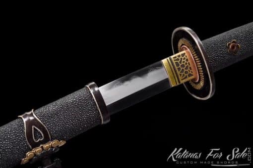 Tachi Sword T10 Folded Clay Tempered Steel with Feather Hadori Polish and Full Black Ray Skin Saya With Copper Fittings