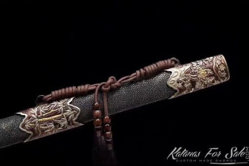 Jian Sword T10 Folded Steel with Feather Grain Pattern and Full Ray Skin Scabbard With Copper Fittings - Image 9