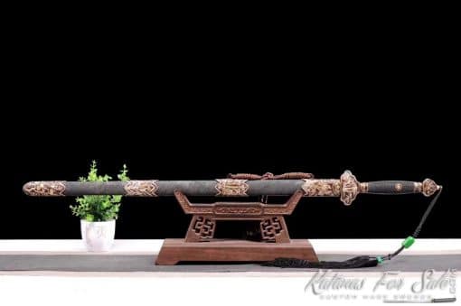 Jian Sword T10 Folded Steel with Feather Grain Pattern and Full Ray Skin Scabbard With Copper Fittings - Image 10