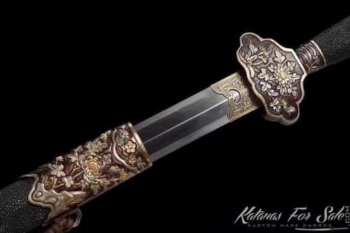Jian Sword T10 Folded Steel with Feather Grain Pattern and Full Ray Skin Scabbard With Copper Fittings