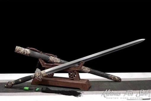 Jian Sword T10 Folded Steel with Feather Grain Pattern and Full Ray Skin Scabbard With Copper Fittings - Image 8