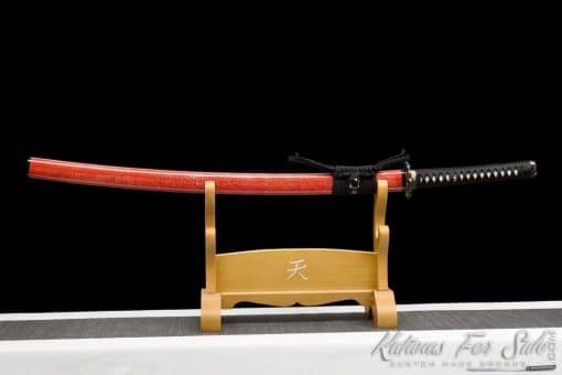 Katana T10 Folded Clay Tempered Steel with Hadori Polish and Full Red Ray Skin Saya With Buffalo Horn Fittings - Image 5